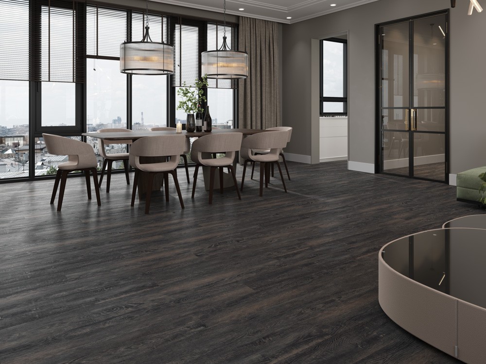 Кварцвиниловый SPC ламинат Cronafloor Nano Дуб Мореный ZH-81112-1 1200×180×3,5 фото в интерьере